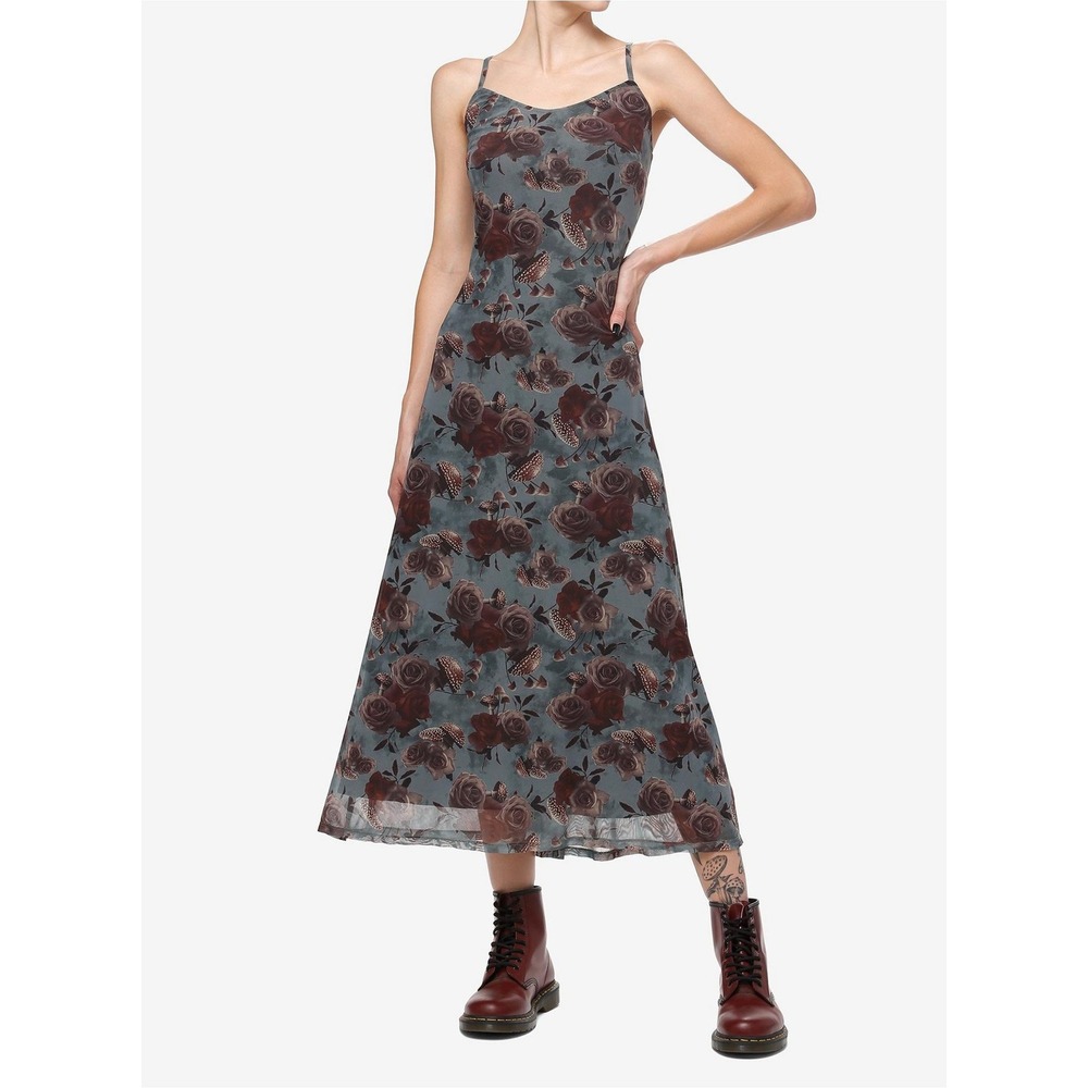 Thorn & Fable Medium Maxi Dress Grey Rose Mushroom Floral Mesh Whimsigoth Gothic